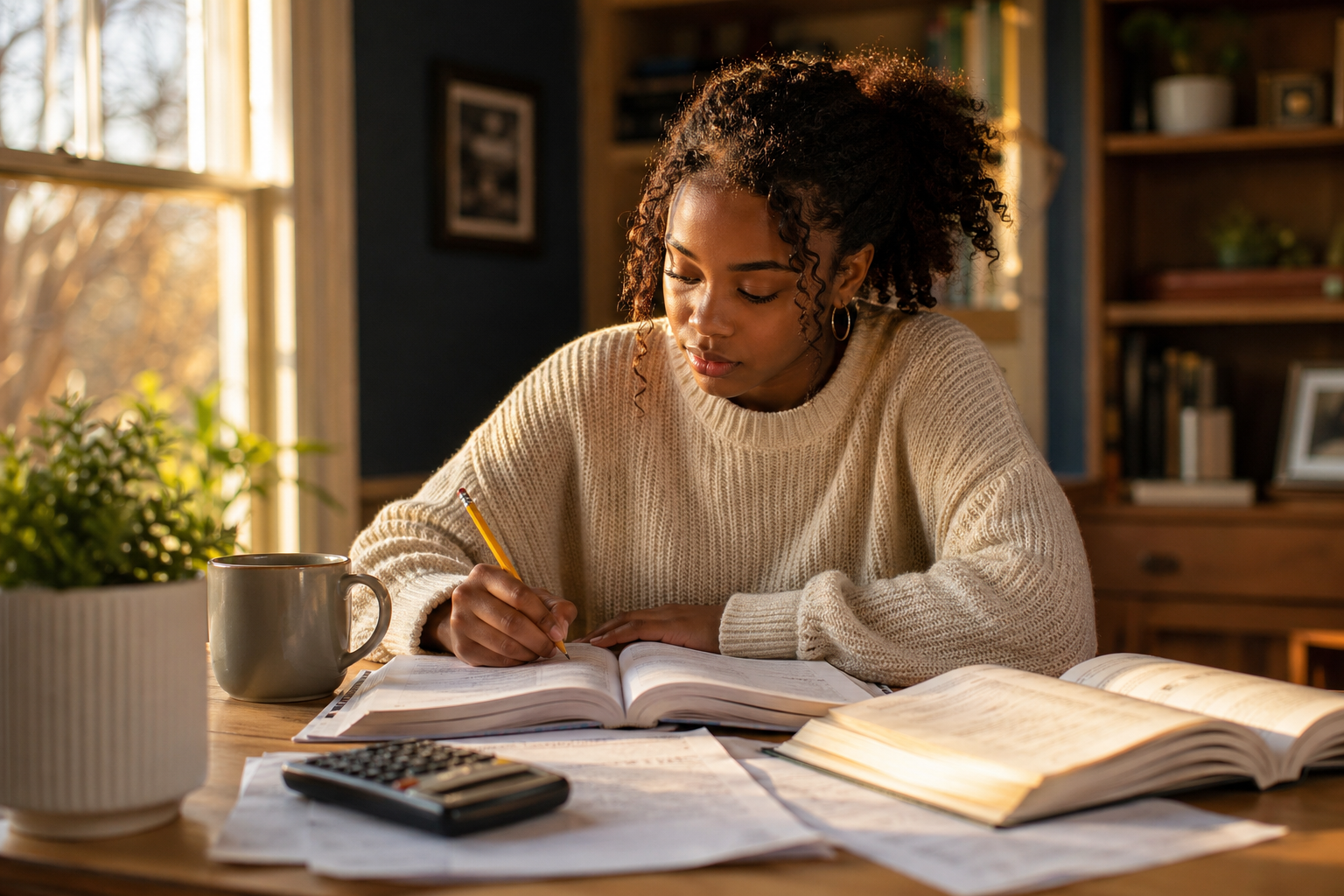A future US military recruit studying for the ASVAB at her kitchen table — practice book open, calculator and pencil in hand, focused on the work.